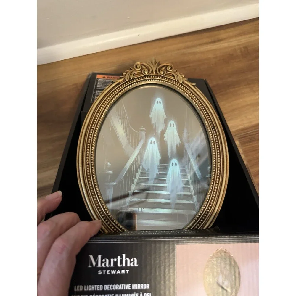 Martha Stewart Halloween LED Lighted Mirror Gold Ornate Ghost Staircase